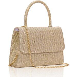 🆕Women's Champagne Glitter Top Handle Evening Purse w/ Chain, Party Prom Date
